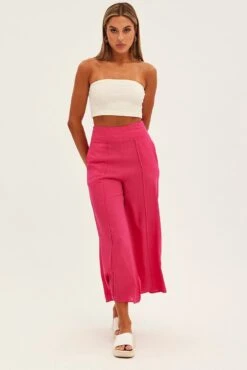 Pink Wide Leg Pants High Rise Linen Blend -Women Clothing Shop bt8404 46pb h pink 3