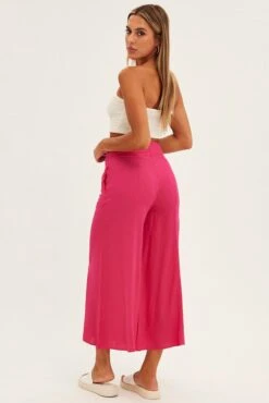Pink Wide Leg Pants High Rise Linen Blend -Women Clothing Shop bt8404 46pb h pink 5