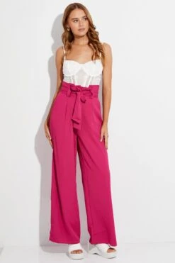 Pink Wide Leg Pants High Rise Paperbag -Women Clothing Shop bt8533 47p hot pink 3