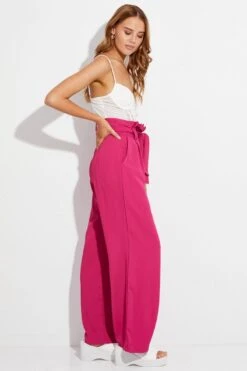 Pink Wide Leg Pants High Rise Paperbag -Women Clothing Shop bt8533 47p hot pink 4