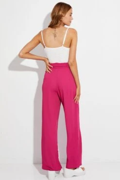 Pink Wide Leg Pants High Rise Paperbag -Women Clothing Shop bt8533 47p hot pink 5