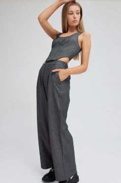 Grey Stripe Wide Leg Pants High Rise