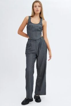 Grey Stripe Wide Leg Pants High Rise -Women Clothing Shop bt9059a 46p stripe 4