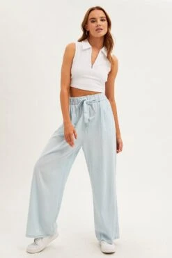 Blue Chambray Pant Tie Front Wide Leg -Women Clothing Shop bt9160 34mb light blue 3