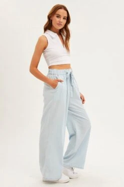Blue Chambray Pant Tie Front Wide Leg -Women Clothing Shop bt9160 34mb light blue 4