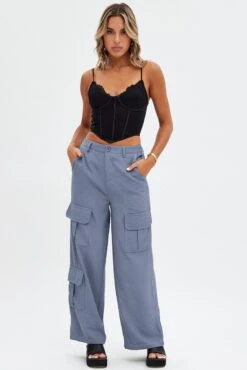 Grey Wide Leg Pants Cargo Pockets -Women Clothing Shop bt9274 38mb grey 3