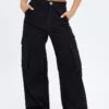 Black Wide Leg Pants Cargo Pockets -Women Clothing Shop bt9334 34mb black 1