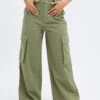 Green Wide Leg Pants Cargo Pockets -Women Clothing Shop bt9334 34mb olive 1