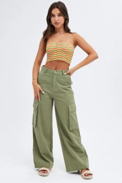 Green Wide Leg Pants Cargo Pockets -Women Clothing Shop bt9334 34mb olive 3