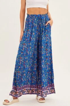 Blue Boho Wide Leg Pants High Rise -Women Clothing Shop btw2320d 38pb boho 2