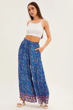 Blue Boho Wide Leg Pants High Rise -Women Clothing Shop btw2320d 38pb boho 3