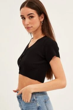 Black Short Sleeve Rib Cardigan -Women Clothing Shop ck12780 f black 4