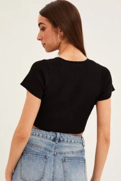 Black Short Sleeve Rib Cardigan -Women Clothing Shop ck12780 f black 5