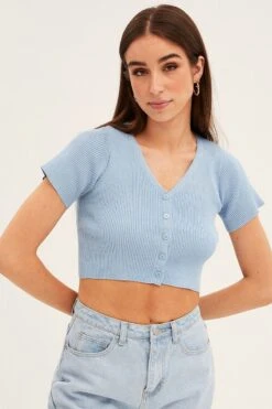 Blue Short Sleeve Rib Cardigan -Women Clothing Shop ck12780 f blue 3