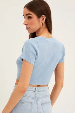 Blue Short Sleeve Rib Cardigan -Women Clothing Shop ck12780 f blue 5