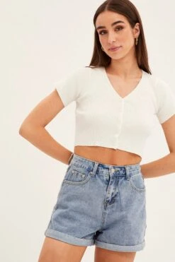 White Short Sleeve Rib Cardigan -Women Clothing Shop ck12780 f white 3