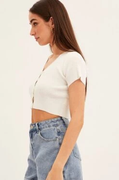 White Short Sleeve Rib Cardigan -Women Clothing Shop ck12780 f white 4