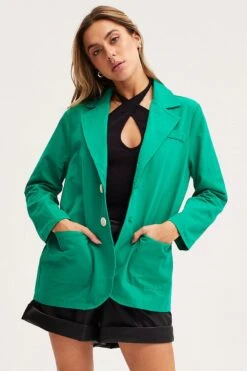 Green Workwear Jacket Long Sleeve Collared -Women Clothing Shop coat green workwear jacket long sleeve collared 32966595903681
