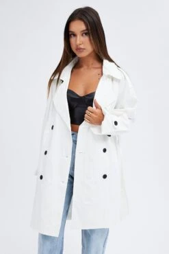 White Longline Trench Coat With Tie -Women Clothing Shop coat white longline trench coat with tie 33664459538625