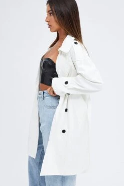 White Longline Trench Coat With Tie -Women Clothing Shop coat white longline trench coat with tie 33664459571393
