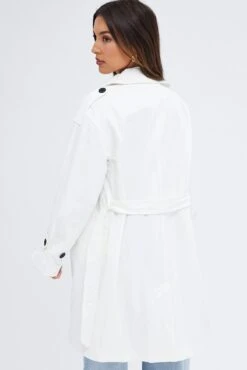 White Longline Trench Coat With Tie -Women Clothing Shop coat white longline trench coat with tie 33664459604161