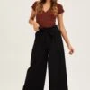 Black High Rise Waist Tie Crop Wide Pants -Women Clothing Shop culotte black high rise waist tie crop wide pants 33006680146113