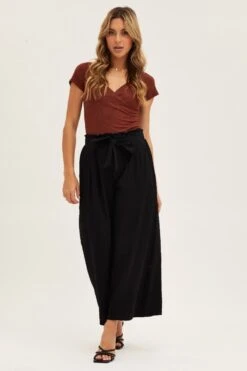 Black High Rise Waist Tie Crop Wide Pants -Women Clothing Shop culotte black high rise waist tie crop wide pants 33006680244417