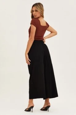 Black High Rise Waist Tie Crop Wide Pants -Women Clothing Shop culotte black high rise waist tie crop wide pants 33006680309953