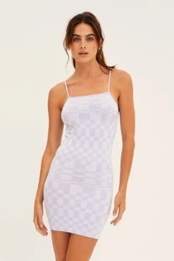 Purple Check Bodycon Dress Sleeveless Square Neck Seamless -Women Clothing Shop dd1522a 39r check 3