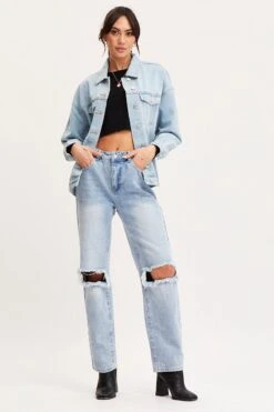Blue Oversized Jacket Long Sleeve Denim -Women Clothing Shop denim jacket blue oversized jacket long sleeve denim 32967527465153