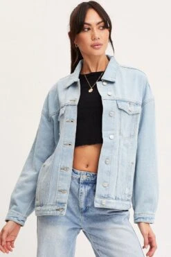 Blue Oversized Jacket Long Sleeve Denim -Women Clothing Shop denim jacket blue oversized jacket long sleeve denim 32967527497921