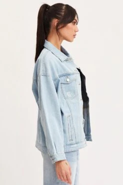 Blue Oversized Jacket Long Sleeve Denim -Women Clothing Shop denim jacket blue oversized jacket long sleeve denim 32967527530689