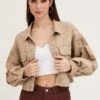 Beige Long Sleeve Cropped Denim Jacket -Women Clothing Shop denim jacket nude long sleeve cropped denim jacket 32981021688001