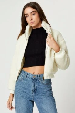 White Faux Fur Jacket Long Sleeve Oversized