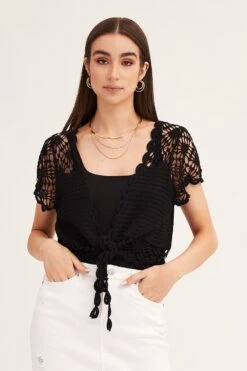 Black Crochet Cardigan Short Sleeve Tie Up -Women Clothing Shop fitted cardigan black crochet cardigan short sleeve tie up 32980999405761