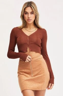 Brown Knit Cardigan Long Sleeve Crop -Women Clothing Shop fitted cardigan brown knit cardigan long sleeve crop 32965156667585