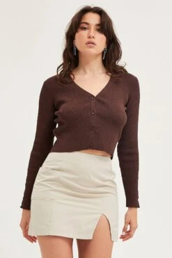 Brown Knit Cardigan Long Sleeve V-Neck Cut Out -Women Clothing Shop fitted cardigan brown knit cardigan long sleeve v neck cut out 32966413746369