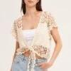 Beige Crochet Cardigan Short Sleeve Tie Up -Women Clothing Shop fitted cardigan nude crochet cardigan short sleeve tie up 32980999700673