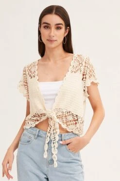 Beige Crochet Cardigan Short Sleeve Tie Up -Women Clothing Shop fitted cardigan nude crochet cardigan short sleeve tie up 32980999831745