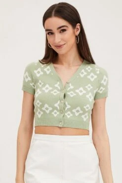 Print Knit Cardigan Short Sleeve Crop Floral -Women Clothing Shop fitted cardigan print knit cardigan short sleeve crop floral 33006994260161