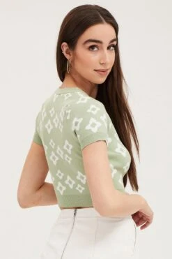 Print Knit Cardigan Short Sleeve Crop Floral -Women Clothing Shop fitted cardigan print knit cardigan short sleeve crop floral 33006994325697