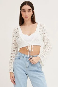 White Knit Cardigan Long Sleeve Crochet -Women Clothing Shop fitted cardigan white knit cardigan long sleeve crochet 33006994456769