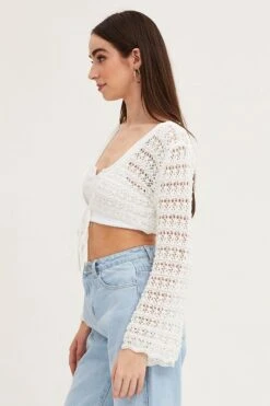 White Knit Cardigan Long Sleeve Crochet -Women Clothing Shop fitted cardigan white knit cardigan long sleeve crochet 33006994489537