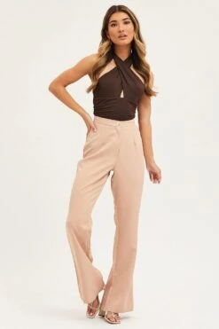 Beige Flare Pants High Rise -Women Clothing Shop flare camel flare pants high rise 32964953899201