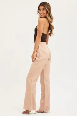 Beige Flare Pants High Rise -Women Clothing Shop flare camel flare pants high rise 32964953931969