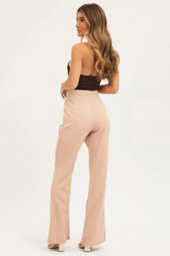 Beige Flare Pants High Rise -Women Clothing Shop flare camel flare pants high rise 32964953964737