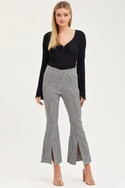 Check Flare Pants High Rise Front Split -Women Clothing Shop flare check flare pants high rise front split 32964954128577