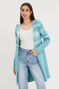 Aztec Print Knit Cardigan Long Sleeve Relaxed Hoodie