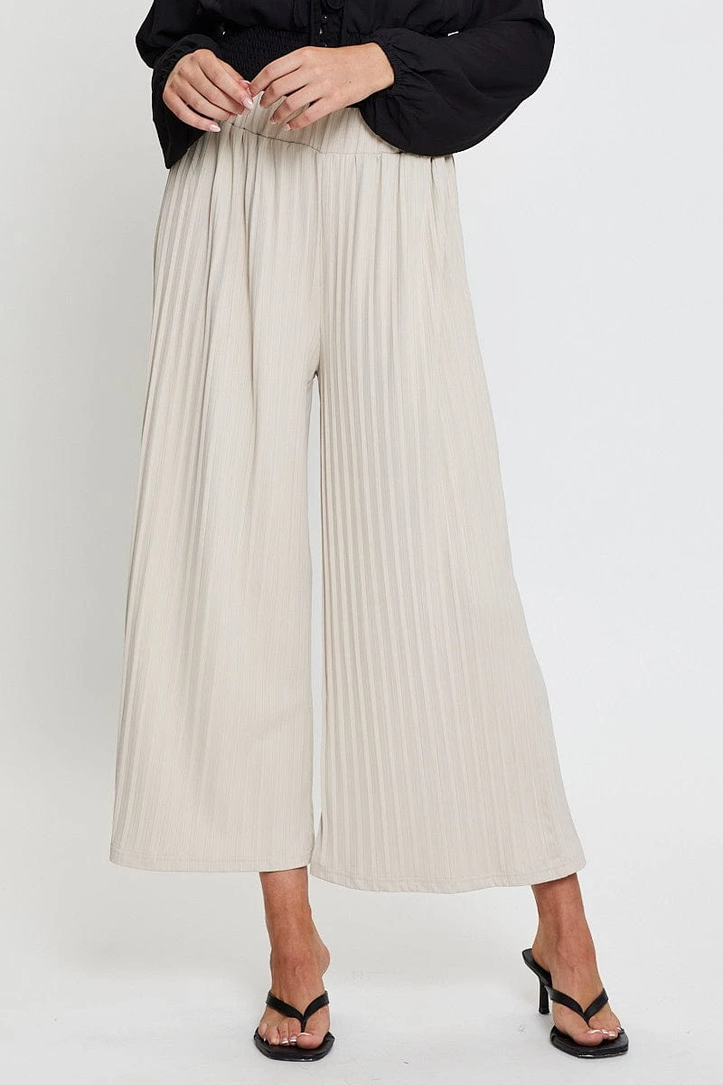 Beige Ribbed Pants High Rise Wide Leg 3 Beige Ribbed Pants High Rise Wide Leg - Image 2