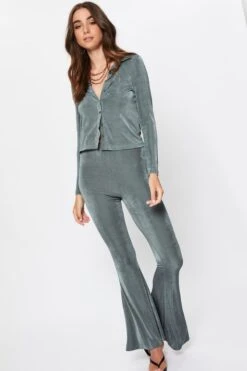 Green Highwaist Jersey Flare Hem Pants -Women Clothing Shop hw slim leg pant green highwaist jersey flare hem pants 32964982046913